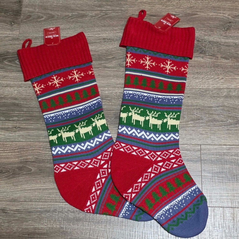 Two Giant Huge Large Red Shed 27" Vintage Style Knit Christmas Sock Stocking